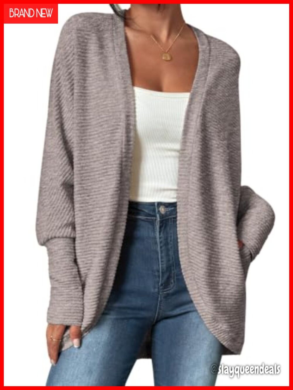 Lightweight Ribbed Knit Cardigan with Pockets Batwing Long Sleeve Open Front